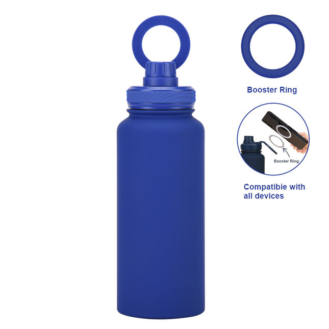 Bright Blue 1L Stainless Steel Water Bottle with Magnetic Phone Holder Lid