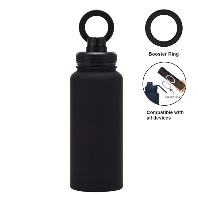 Black 1L Stainless Steel Water Bottle with Magnetic Phone Holder Lid