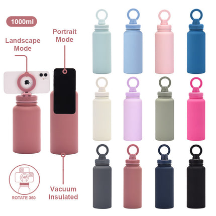 Light Blue 1L Stainless Steel Water Bottle with Magnetic Phone Holder Lid - Portable Hydration & Hands-Free Stand