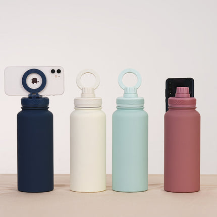 Yellow 1L Stainless Steel Water Bottle with Magnetic Phone Holder Lid - Portable Hydration & Hands-Free Stand