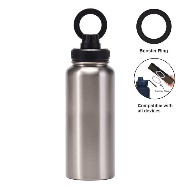 Silver and Black 1L Stainless Steel Water Bottle with Magnetic Phone Holder Lid