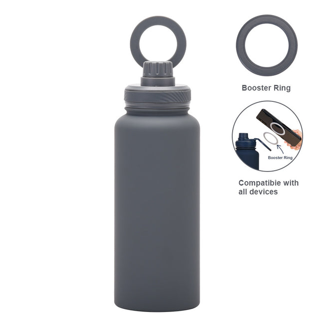 Grey 1L Stainless Steel Water Bottle with Magnetic Phone Holder Lid