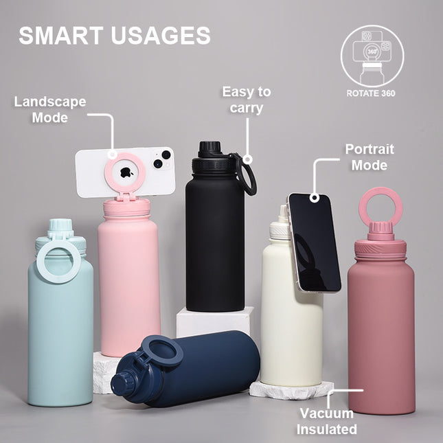 Grey 1L Stainless Steel Water Bottle with Magnetic Phone Holder Lid – product detail