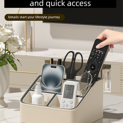 Black Stylish PU Leather Desktop Organizer Caddy - Multi-Compartment Holder for Remotes, Office Supplies, Makeup
