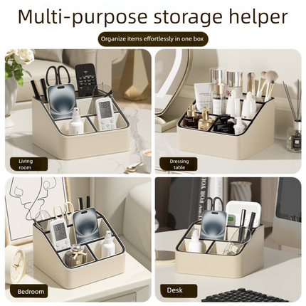 Black Stylish PU Leather Desktop Organizer Caddy - Multi-Compartment Holder for Remotes, Office Supplies, Makeup