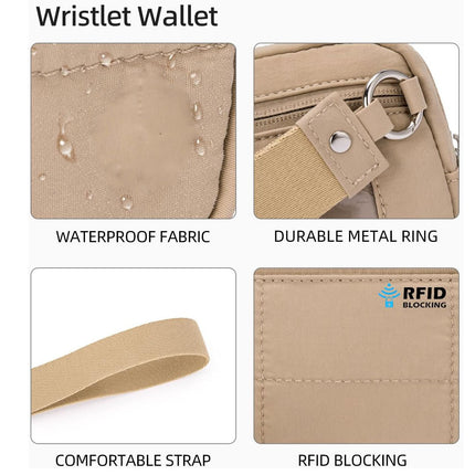 Khaki RFID Blocking Nylon Wristlet Clutch Wallet - Compact Waterproof Pouch with Card Slots & ID Window