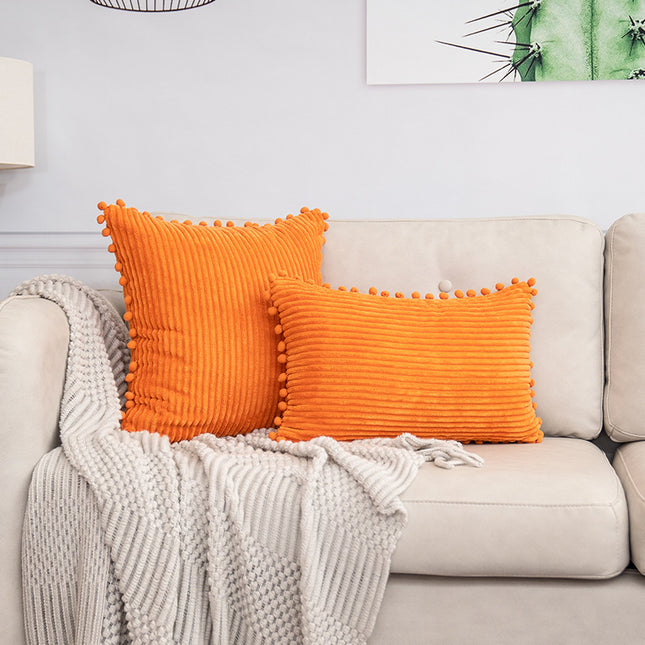Orange Soft Corduroy Cushion Cover Set (1 Square Plus 1 Rectangular) with Pom Pom Trim