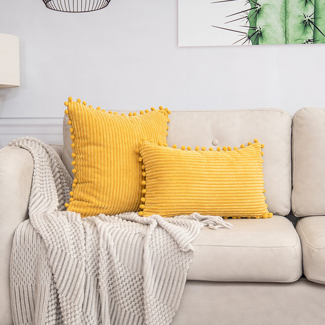 Yellow Soft Corduroy Cushion Cover Set (1 Square Plus 1 Rectangular) with Pom Pom Trim