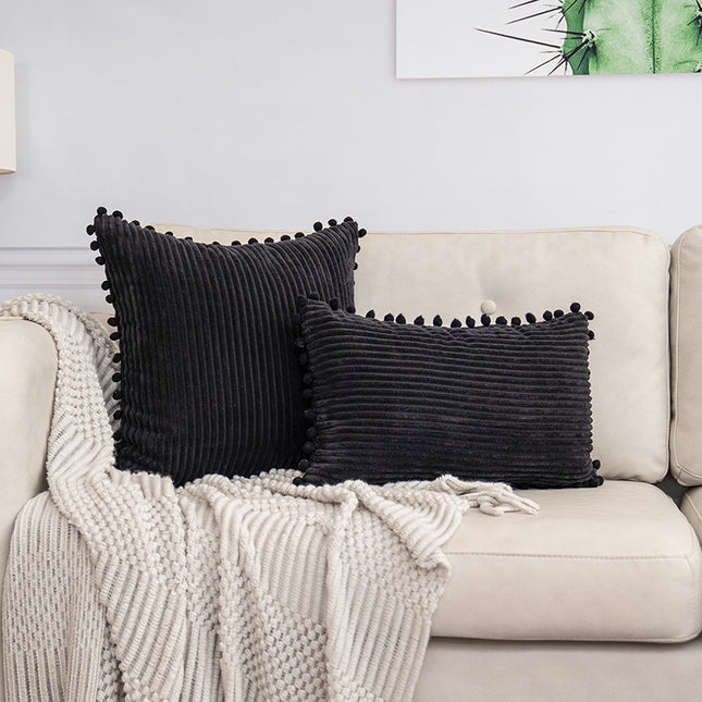 Black Soft Corduroy Cushion Cover Set (1 Square Plus 1 Rectangular) with Pom Pom Trim