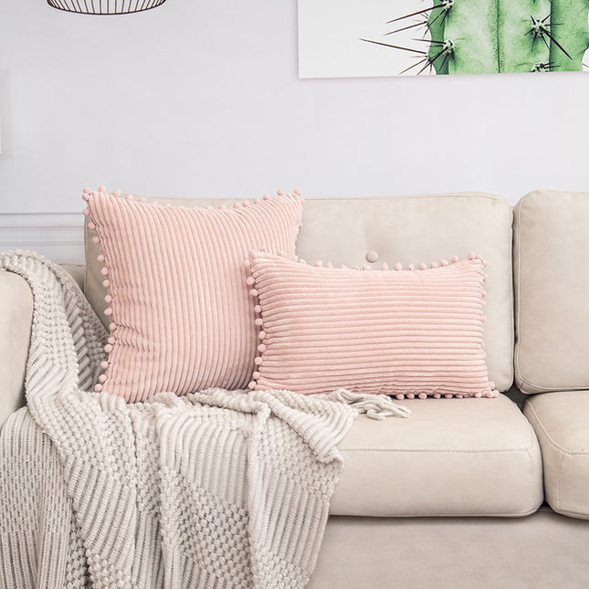 Pink Soft Corduroy Cushion Cover Set (1 Square Plus 1 Rectangular) with Pom Pom Trim