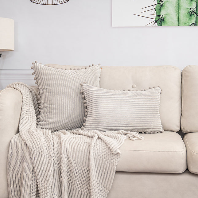 Light Grey Soft Corduroy Cushion Cover Set (1 Square Plus 1 Rectangular) with Pom Pom Trim