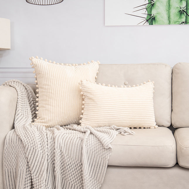 Beige Soft Corduroy Cushion Cover Set (1 Square Plus 1 Rectangular) with Pom Pom Trim