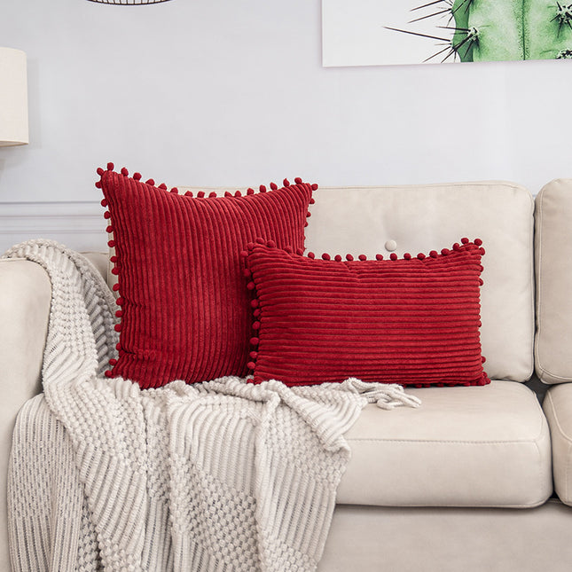 Red Soft Corduroy Cushion Cover Set (1 Square Plus 1 Rectangular) with Pom Pom Trim