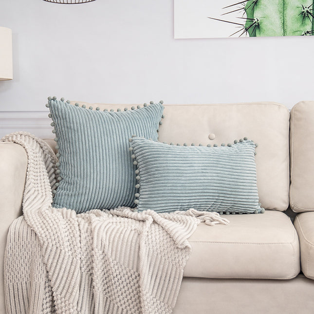 Blue Soft Corduroy Cushion Cover Set (1 Square Plus 1 Rectangular) with Pom Pom Trim