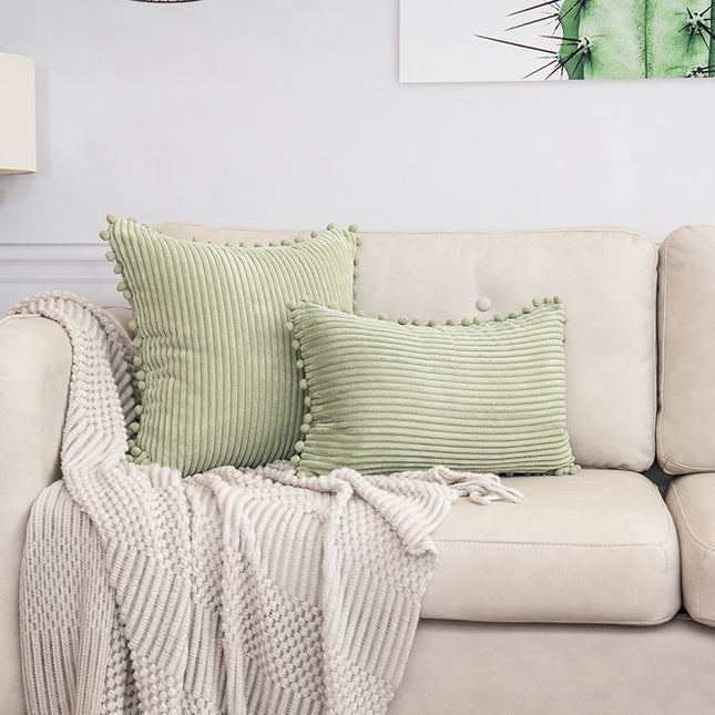 Light Green Soft Corduroy Cushion Cover Set (1 Square Plus 1 Rectangular) with Pom Pom Trim