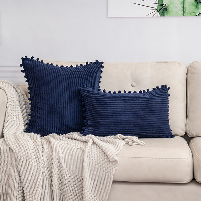 Navy Blue Soft Corduroy Cushion Cover Set (1 Square Plus 1 Rectangular) with Pom Pom Trim
