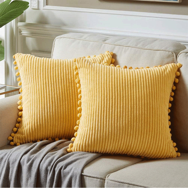 Yellow Soft Corduroy Cushion Covers with Pom Pom Trim