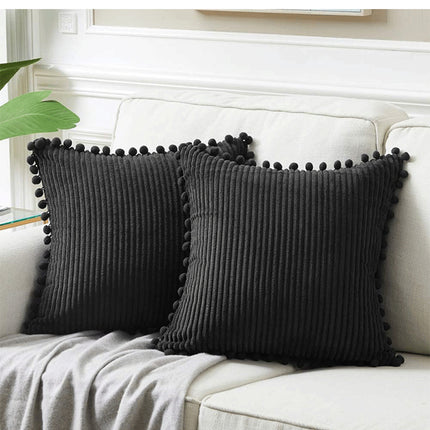 Black Soft Corduroy Cushion Covers with Pom Pom Trim - Set of 2 Decorative Throw Pillow Cases for Sofa Couch Bed, 45x45cm