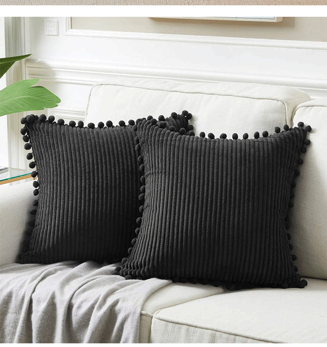 Black Soft Corduroy Cushion Covers with Pom Pom Trim