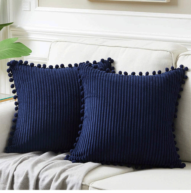 Navy Blue Soft Corduroy Cushion Covers with Pom Pom Trim