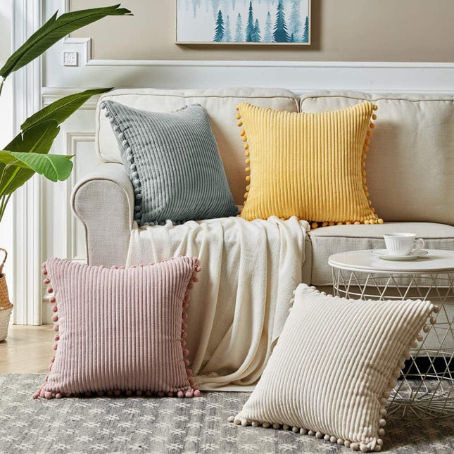 Navy Blue Soft Corduroy Cushion Covers with Pom Pom Trim – product detail