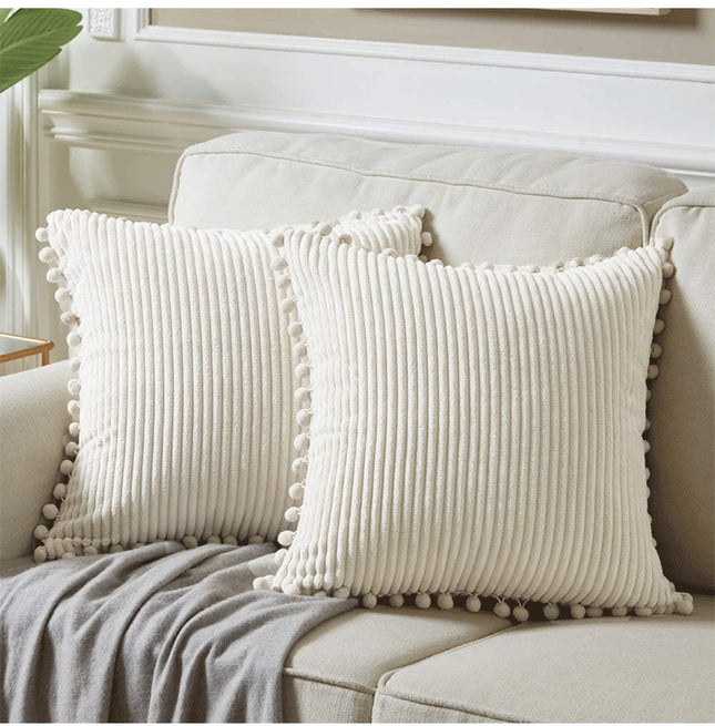 White Soft Corduroy Cushion Covers with Pom Pom Trim