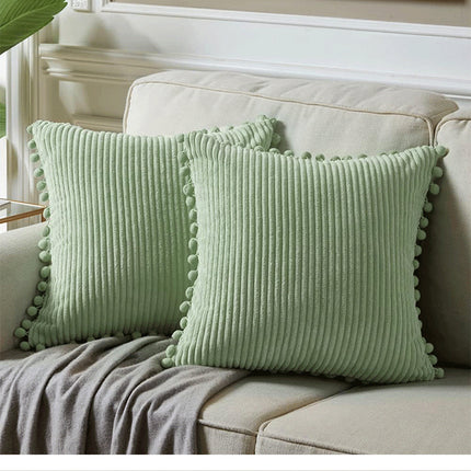 Light Green Soft Corduroy Cushion Covers with Pom Pom Trim - Set of 2 Decorative Throw Pillow Cases for Sofa Couch Bed, 45x45cm