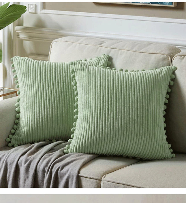 Light Green Soft Corduroy Cushion Covers with Pom Pom Trim