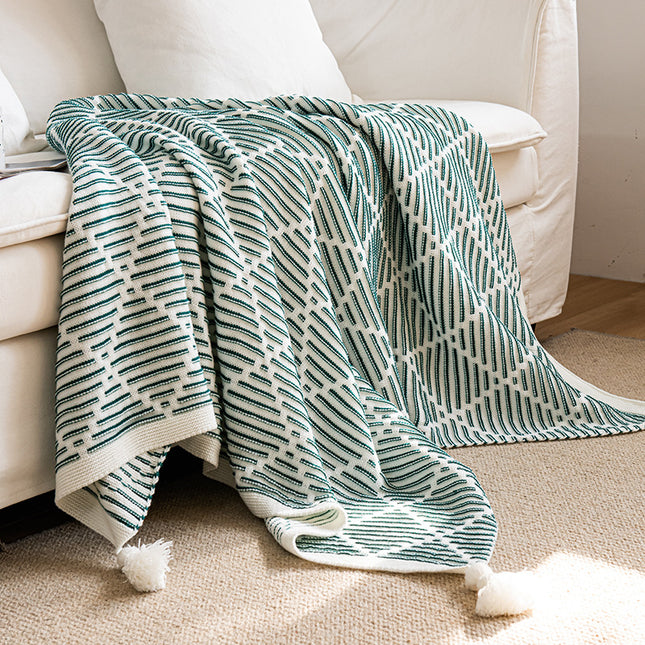 Green and Beige Diamond Pattern Soft Cozy Knit Throw Blanket with Tassels