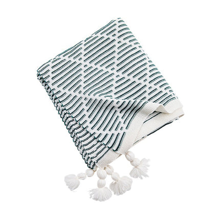 Green and Beige Diamond Pattern Soft Cozy Knit Throw Blanket with Tassels - Geometric Pattern Lightweight Acrylic Blanket for Sofa Couch Bed, 130x150cm