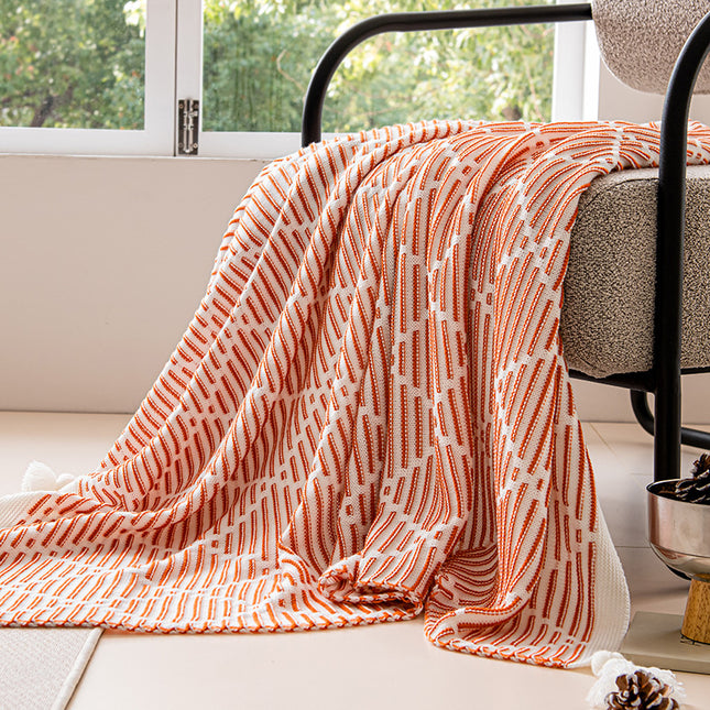 Orange and Beige Diamond Pattern Soft Cozy Knit Throw Blanket with V888-ELOSUNG27324