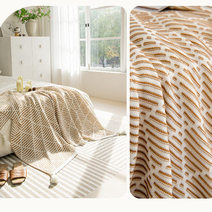 Purple and Beige Diamond Pattern Soft Cozy Knit Throw Blanket with Tassels - Geometric Pattern Lightweight Acrylic Blanket for Sofa Couch Bed, 130x150cm