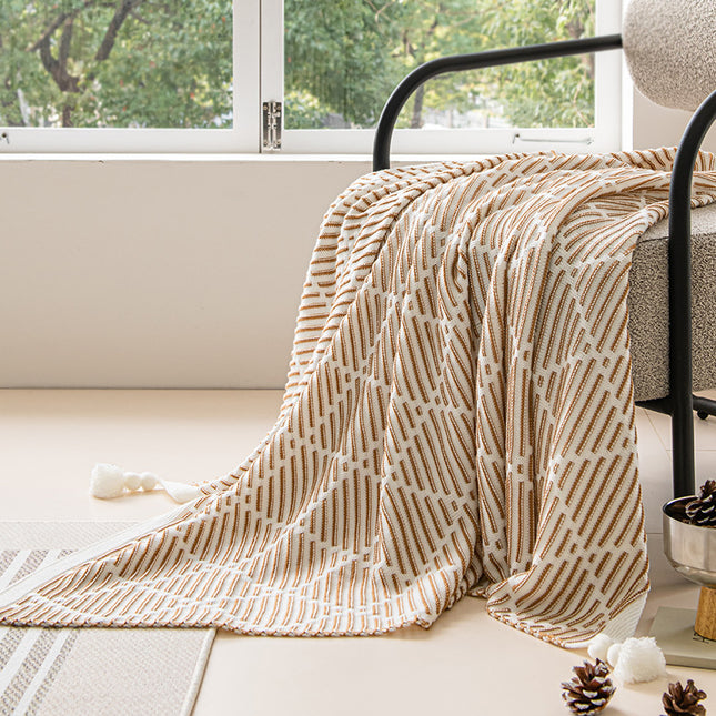 Brown and Beige Diamond Pattern Soft Cozy Knit Throw Blanket with Tassels