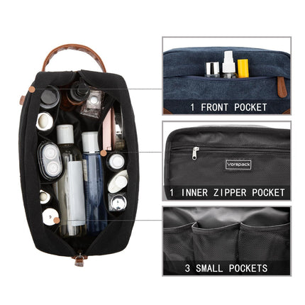 Black And Brown Men's Canvas Toiletry Bag - Large Capacity Water-Resistant Travel Organizer Dopp Kit with Handle