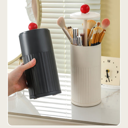 Black Automatic Lifting Makeup Brush Holder - Dustproof Desktop Organizer with Lid & Compartments