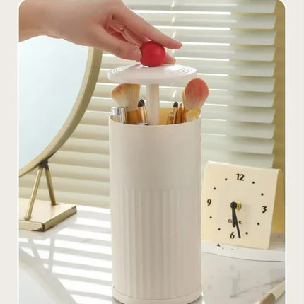 Black Automatic Lifting Makeup Brush Holder - Dustproof Desktop Organizer with Lid & Compartments