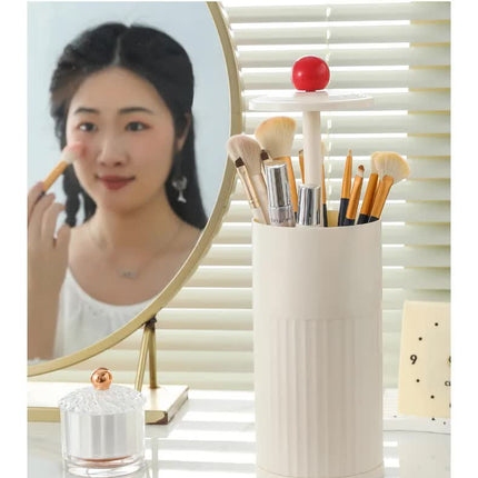 Black Automatic Lifting Makeup Brush Holder - Dustproof Desktop Organizer with Lid & Compartments