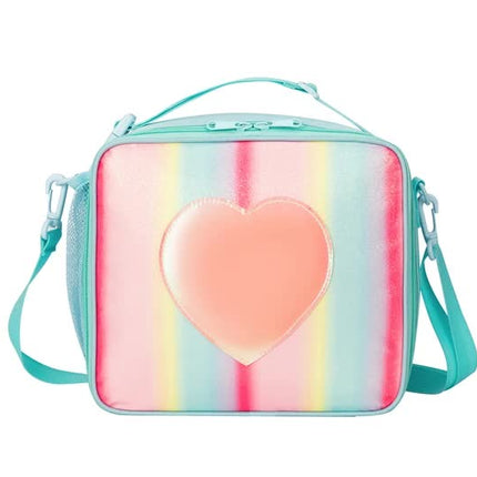 Blue Sparkling Rainbow Heart Insulated Lunch Bag for Kids - Portable School Lunch Box with Shoulder Strap