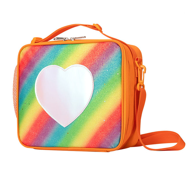 Orange Sparkling Rainbow Heart Insulated Lunch Bag for Kids