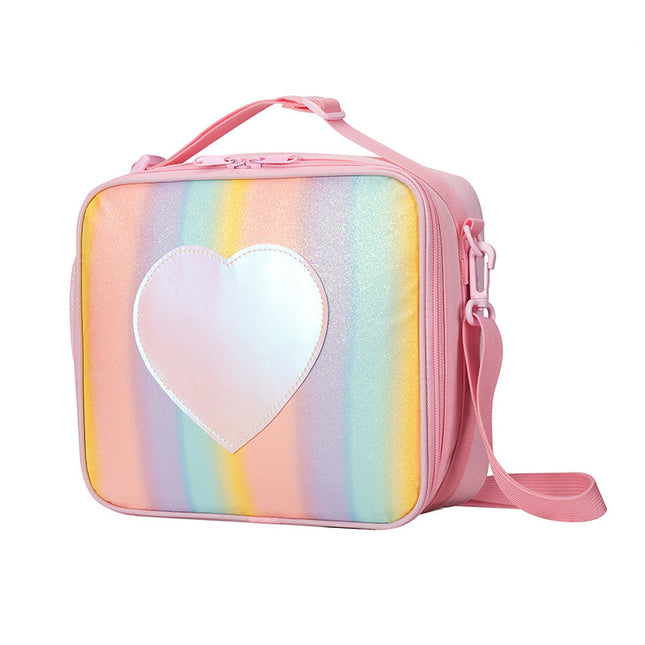 Pink Sparkling Rainbow Heart Insulated Lunch Bag for Kids