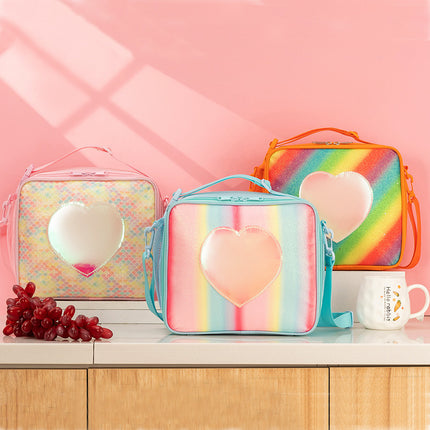 Pink Sparkling Rainbow Heart Insulated Lunch Bag for Kids – product detail