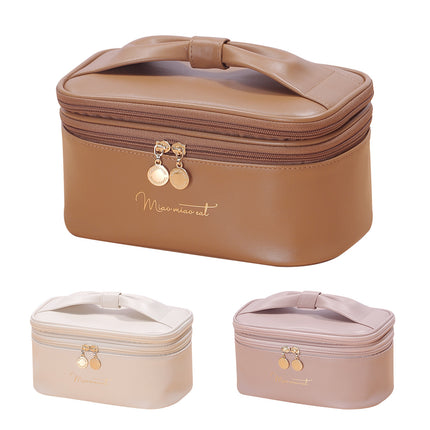 Brown Stylish PU Leather Makeup Bag - Large Capacity Double Layer Waterproof Travel Cosmetic Organizer Case for Women