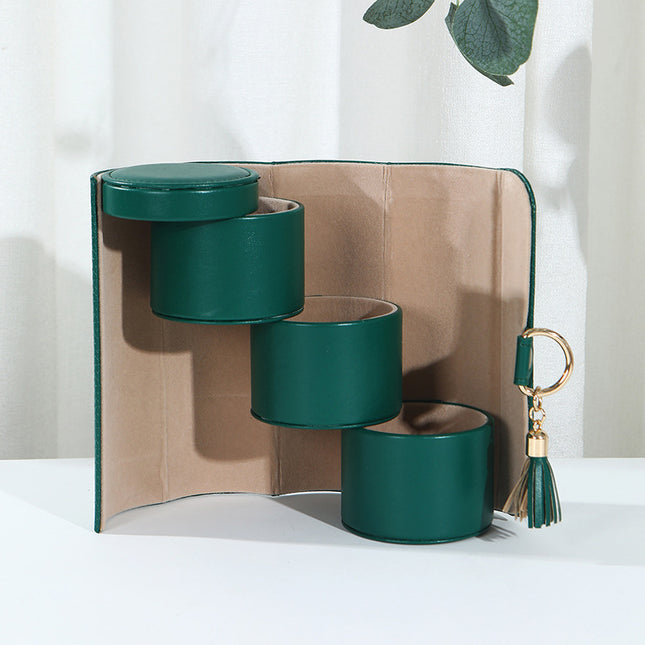 Green Elegant 3-Tier Cylindrical Travel Jewellery Box