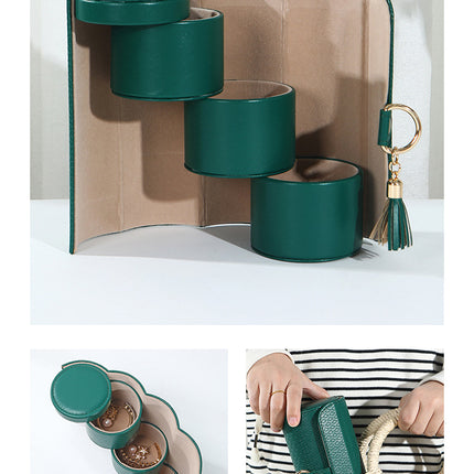 Green Elegant 3-Tier Cylindrical Travel Jewellery Box - PU Leather Organizer for Rings Earrings Necklaces with Tassel Charm
