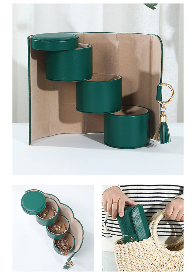 Green Elegant 3-Tier Cylindrical Travel Jewellery Box – product detail