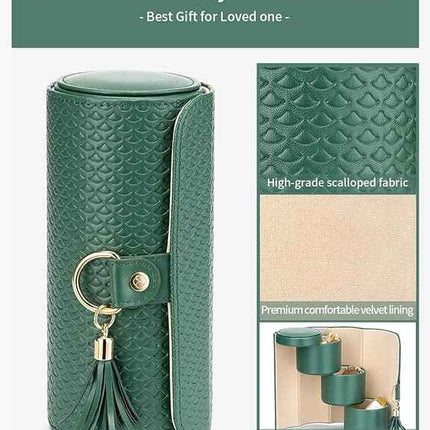 Green Elegant 3-Tier Cylindrical Travel Jewellery Box - PU Leather Organizer for Rings Earrings Necklaces with Tassel Charm