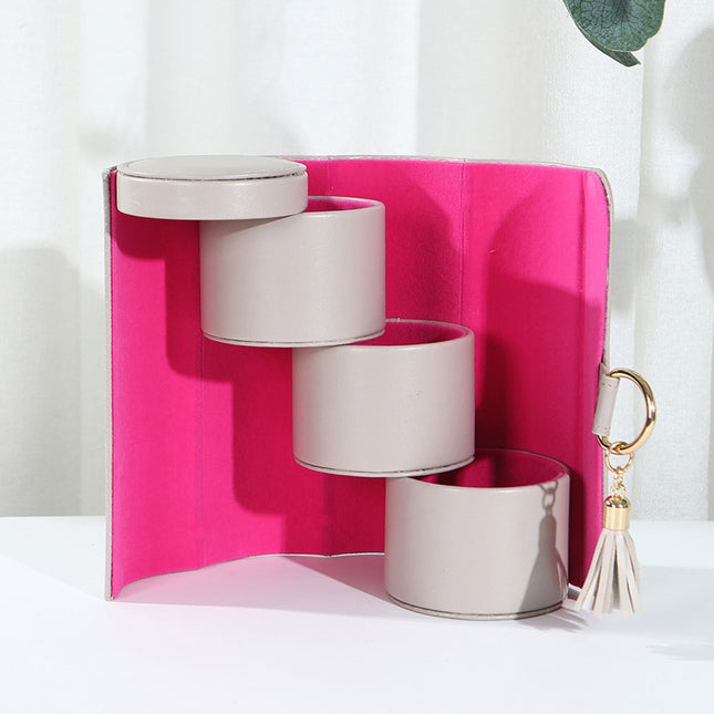 Beige and Pink Elegant 3-Tier Cylindrical Travel Jewellery Box