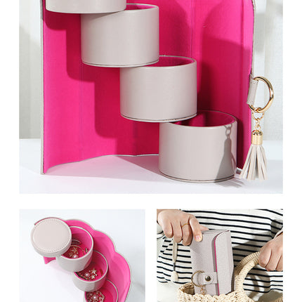 Beige and Pink Elegant 3-Tier Cylindrical Travel Jewellery Box - PU Leather Organizer for Rings Earrings Necklaces with Tassel Charm