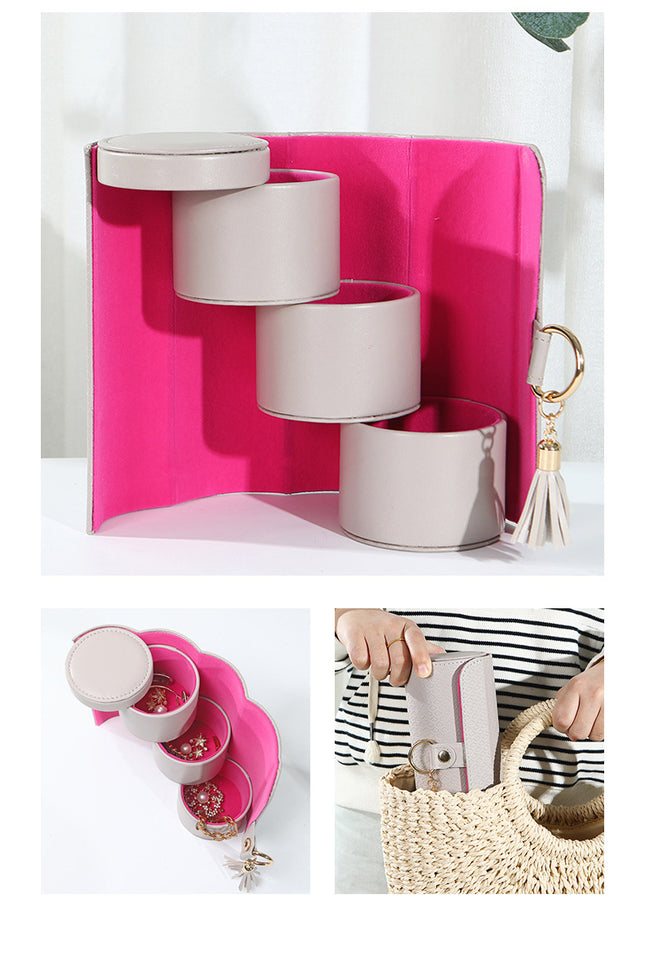 Beige and Pink Elegant 3-Tier Cylindrical Travel Jewellery Box – product detail