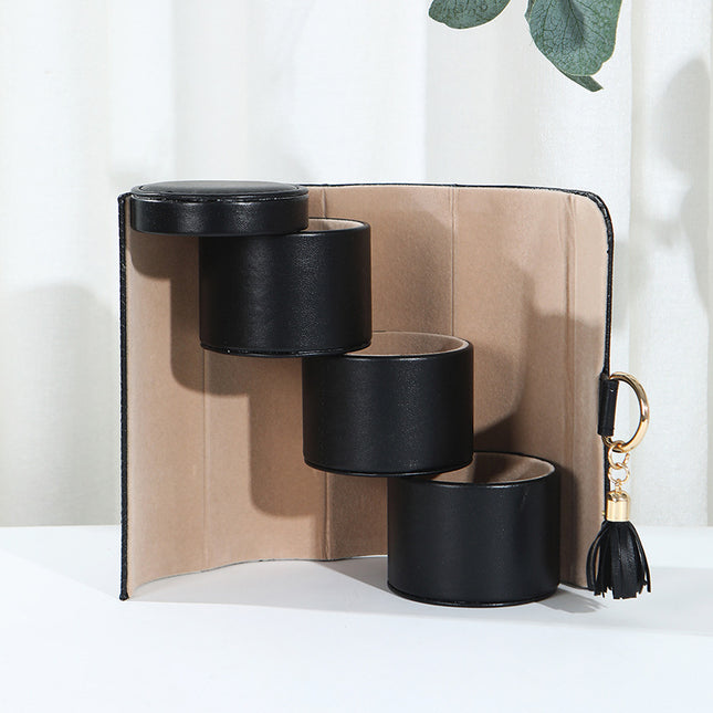 Black and Khaki Elegant 3-Tier Cylindrical Travel Jewellery Box
